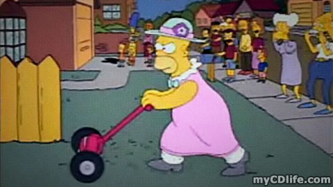 Homer Simpson mowing the lawn in a dress